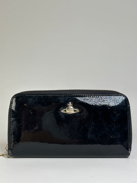 Vintage Vivienne Westwood Patent Leather Zip Wallet Black Silver