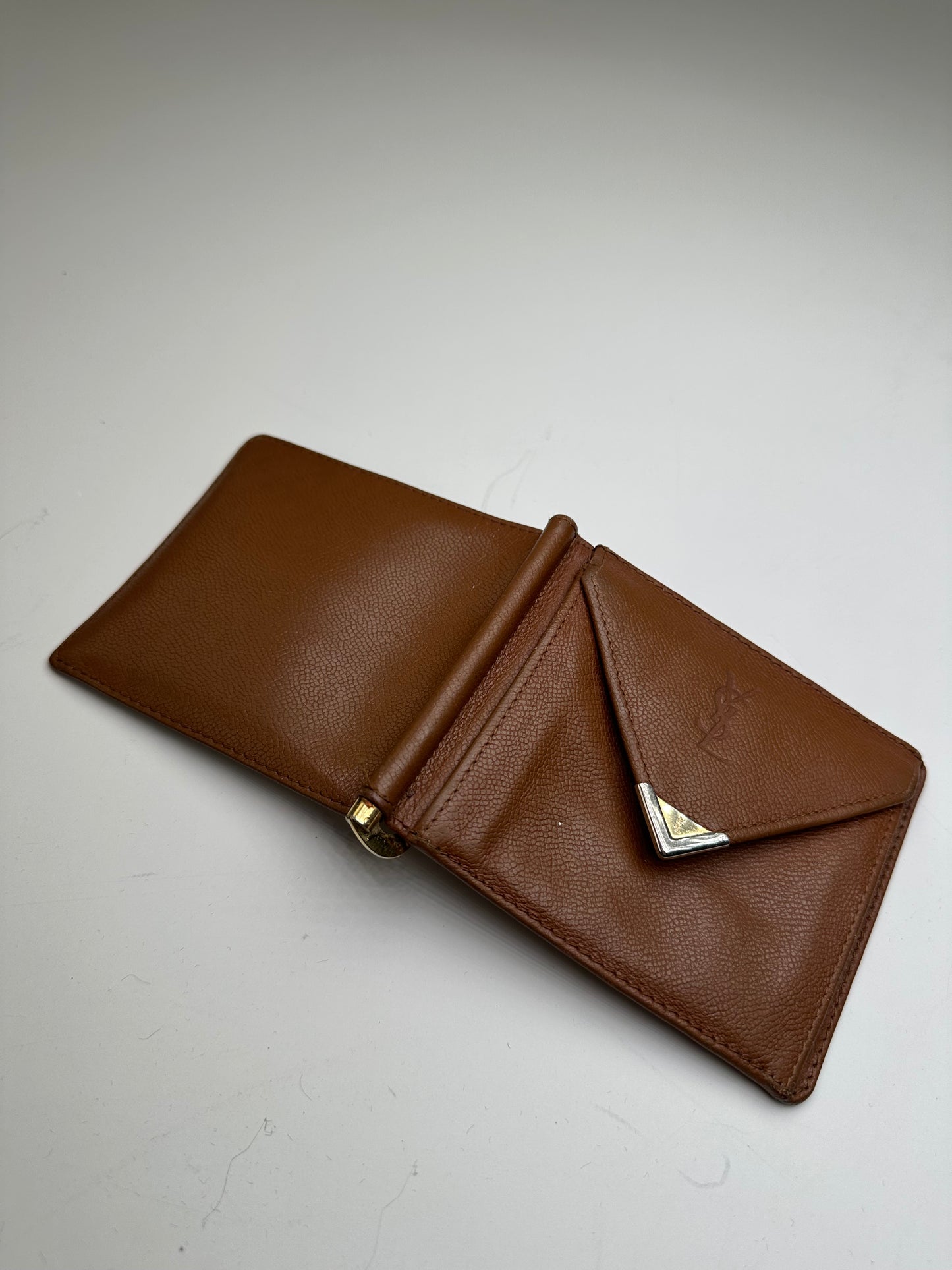 Vintage Saint Laurent Grained Leather Wallet Brown Gold
