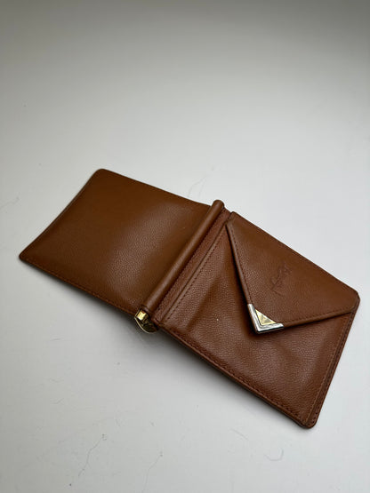 Vintage Saint Laurent Grained Leather Wallet Brown Gold