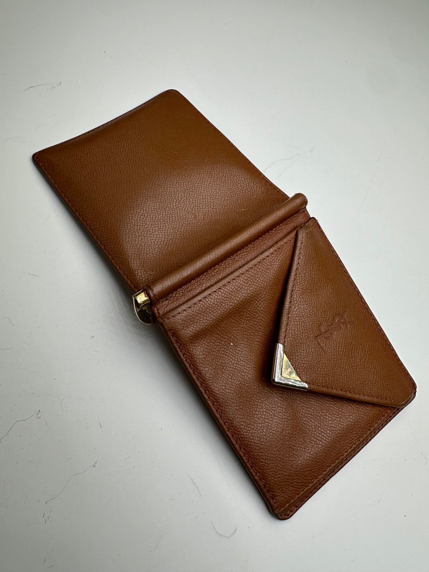 Vintage Saint Laurent Grained Leather Wallet Brown Gold