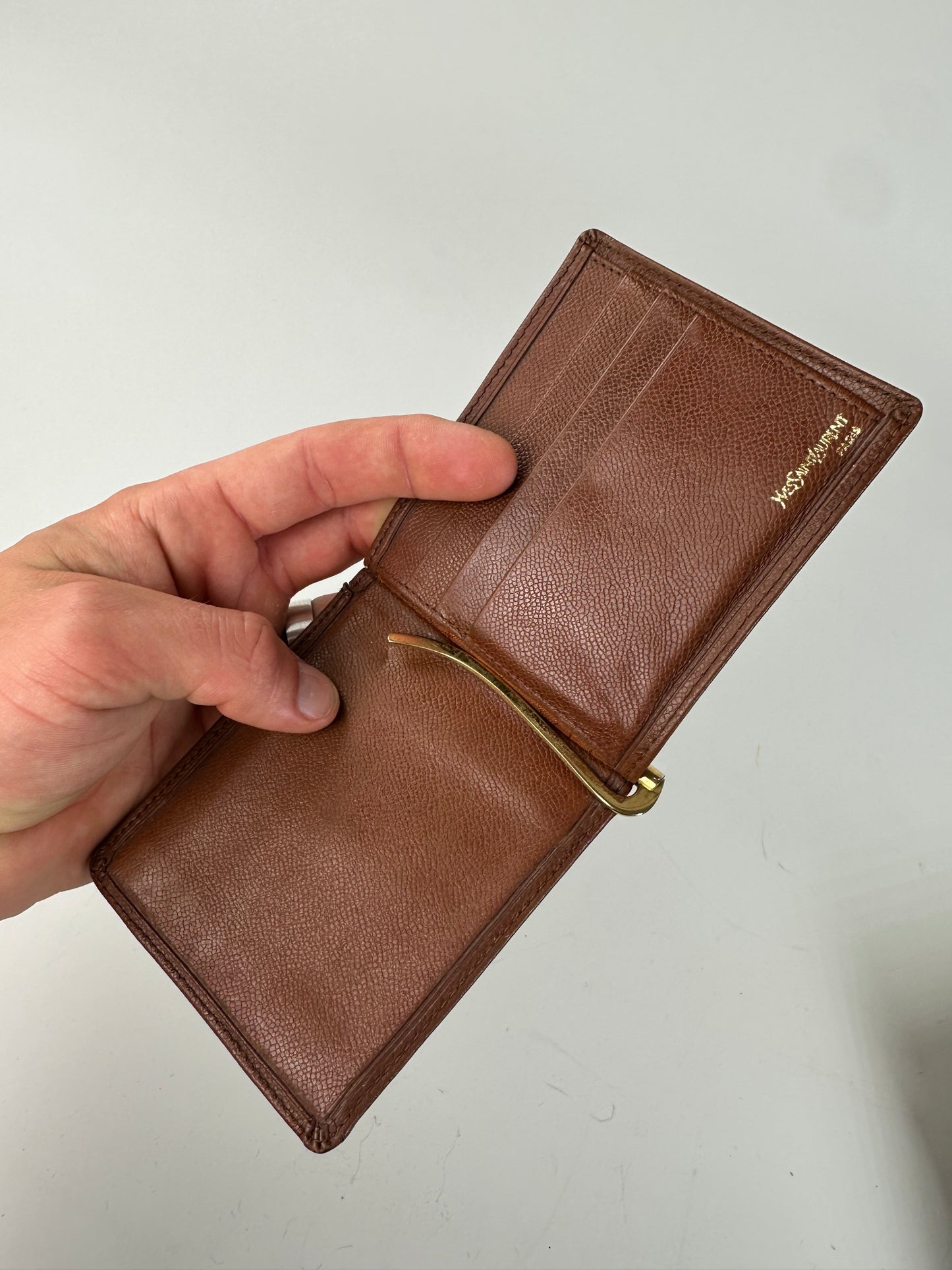 Vintage Saint Laurent Grained Leather Wallet Brown Gold