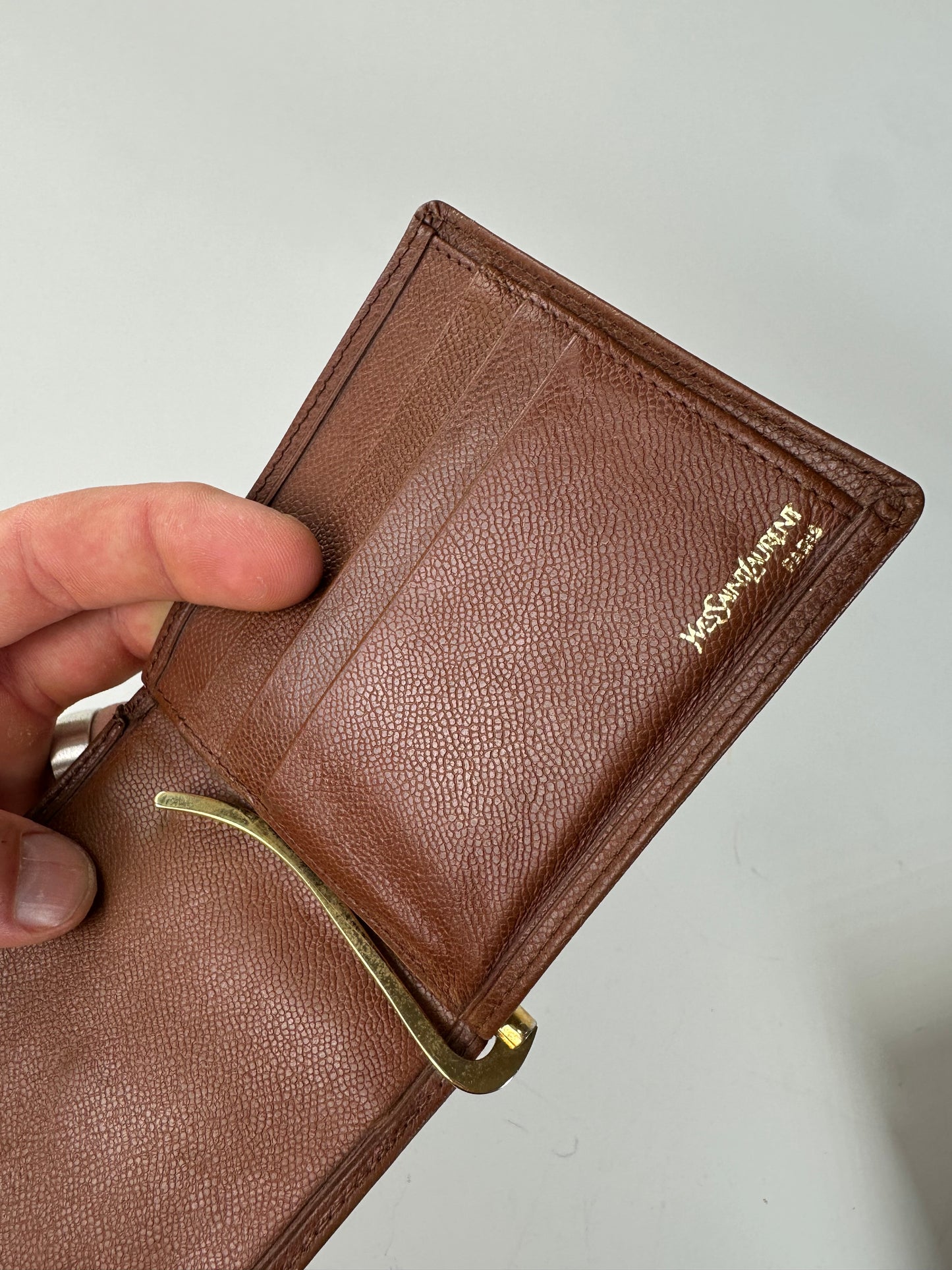 Vintage Saint Laurent Grained Leather Wallet Brown Gold