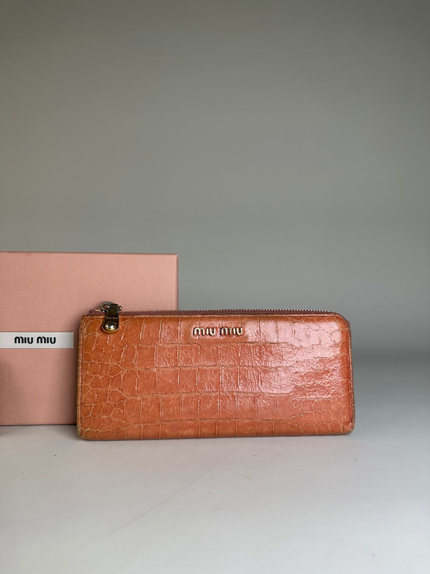 Vintage Miu Miu Crocodile-Embossed Leather Wallet Orange Gold