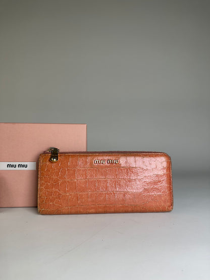 Vintage Miu Miu Crocodile-Embossed Leather Wallet Orange Gold