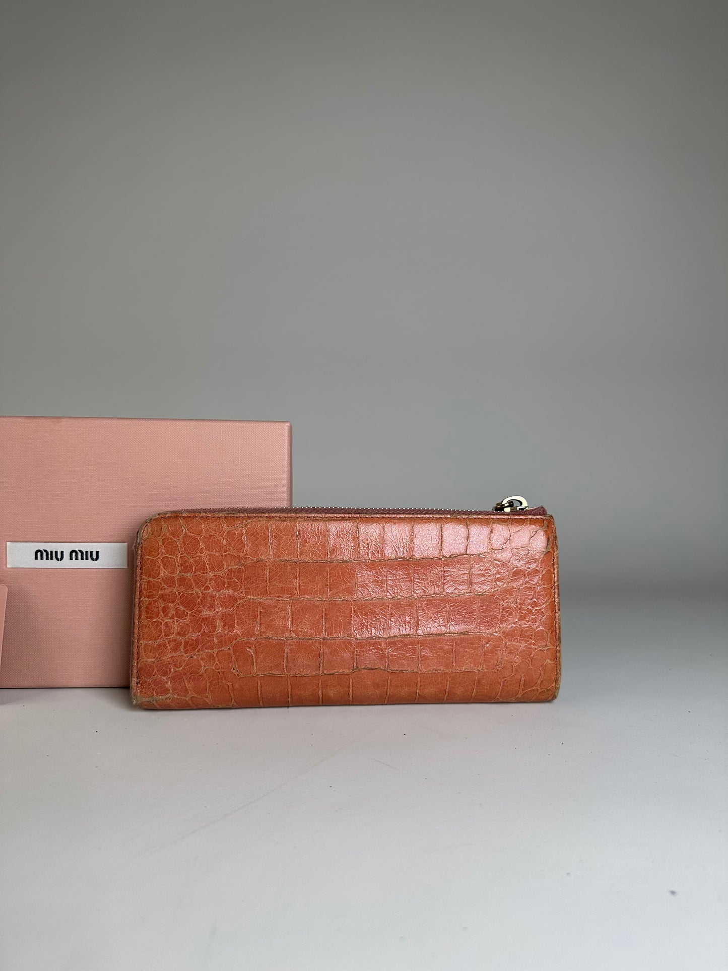 Vintage Miu Miu Crocodile-Embossed Leather Wallet Orange Gold