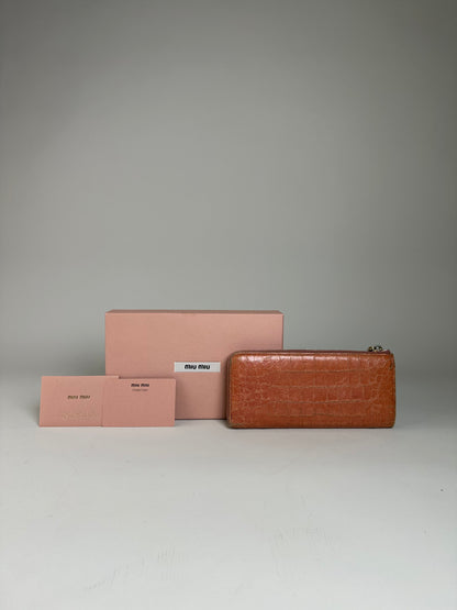 Vintage Miu Miu Crocodile-Embossed Leather Wallet Orange Gold
