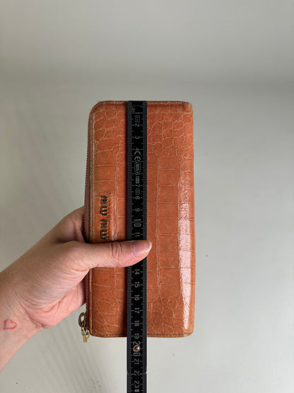 Vintage Miu Miu Crocodile-Embossed Leather Wallet Orange Gold