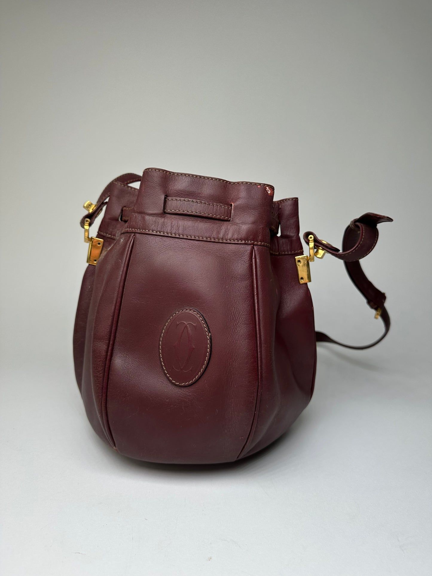 Vintage Cartier Must de Cartier Sac Seau Leather Crossbody Bucket Bag Bordeaux