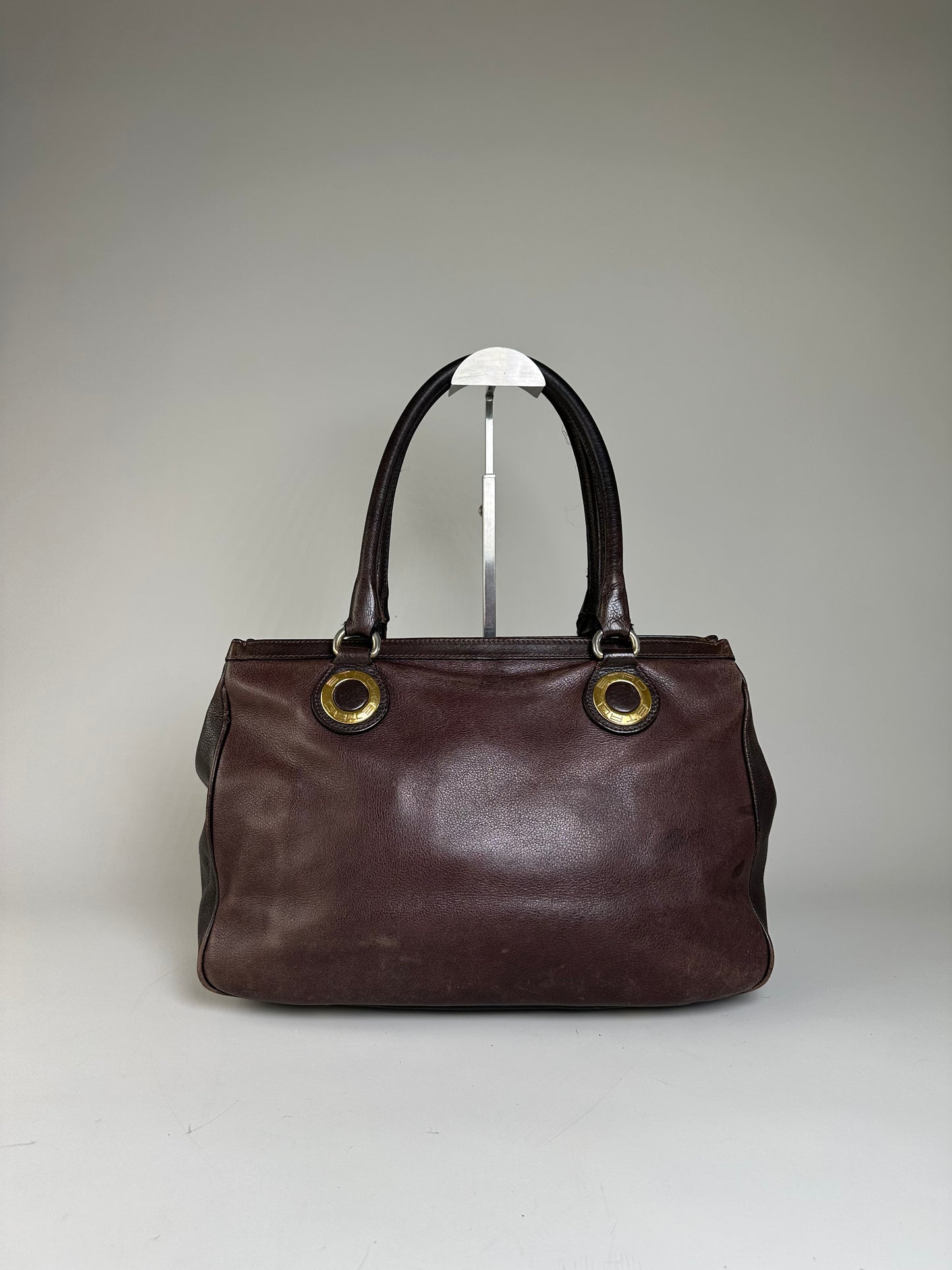 Vintage Etro Structured Leather Handbag Dark Brown Gold