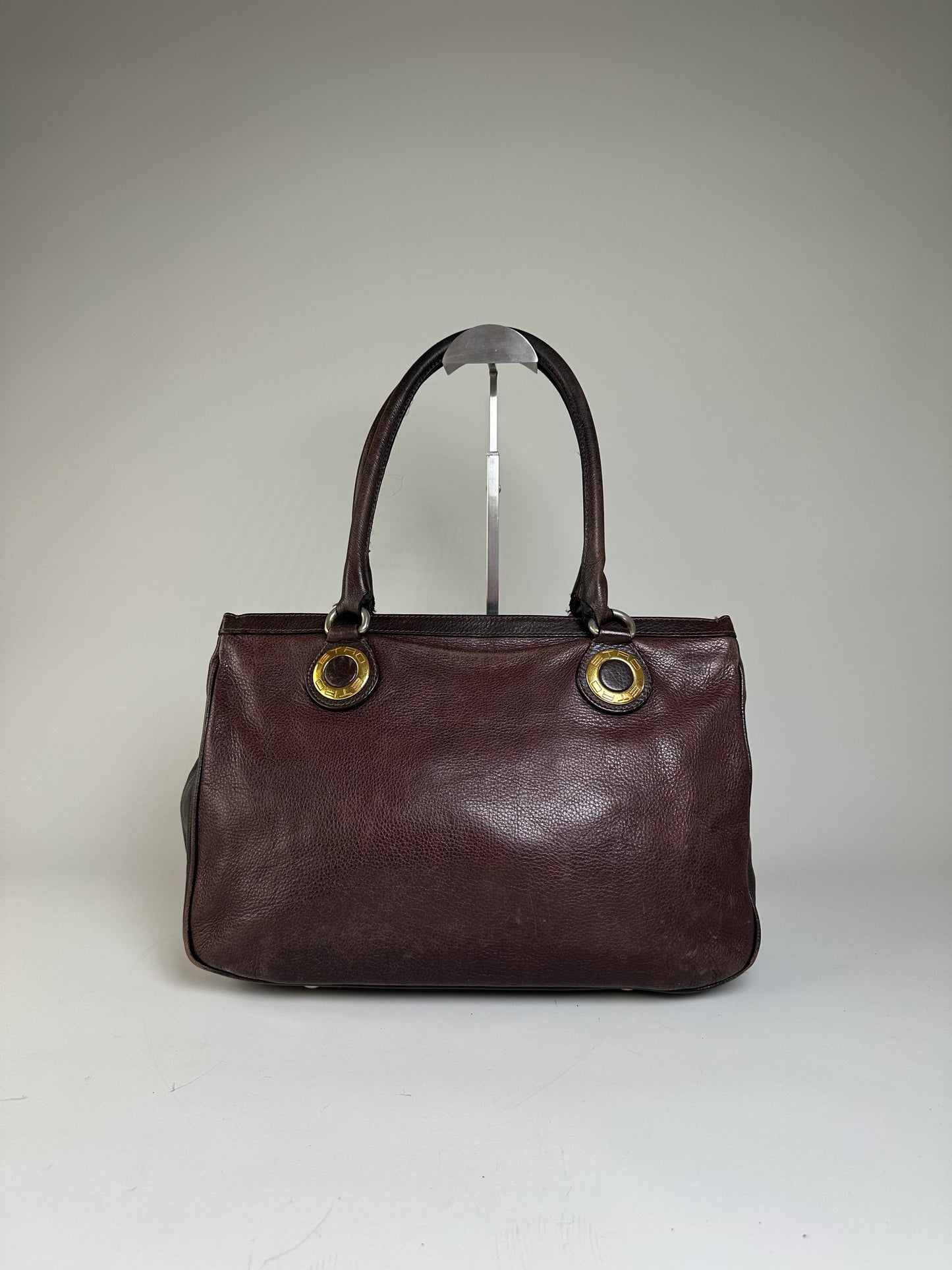 Vintage Etro Structured Leather Handbag Dark Brown Gold