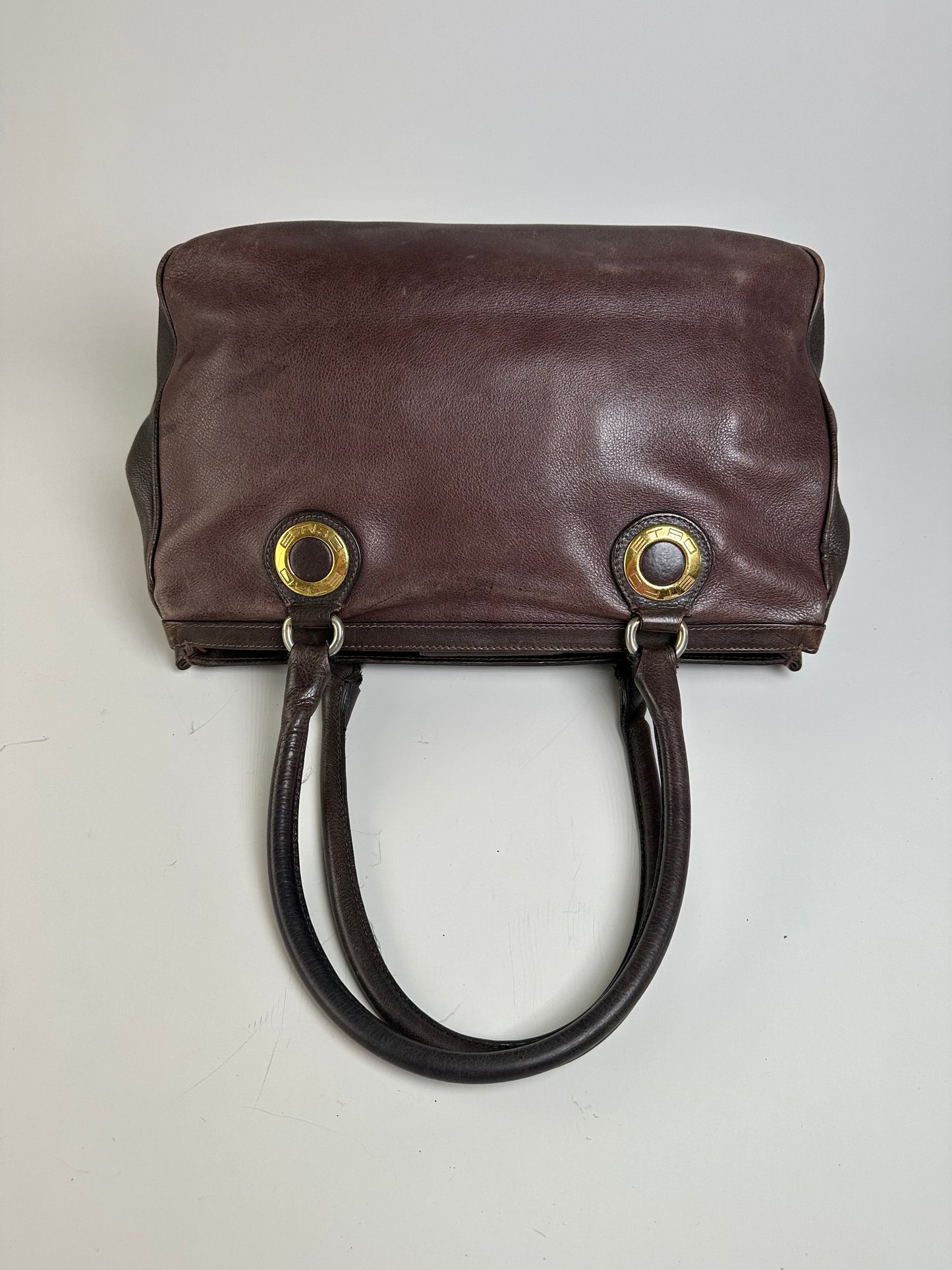 Vintage Etro Structured Leather Handbag Dark Brown Gold