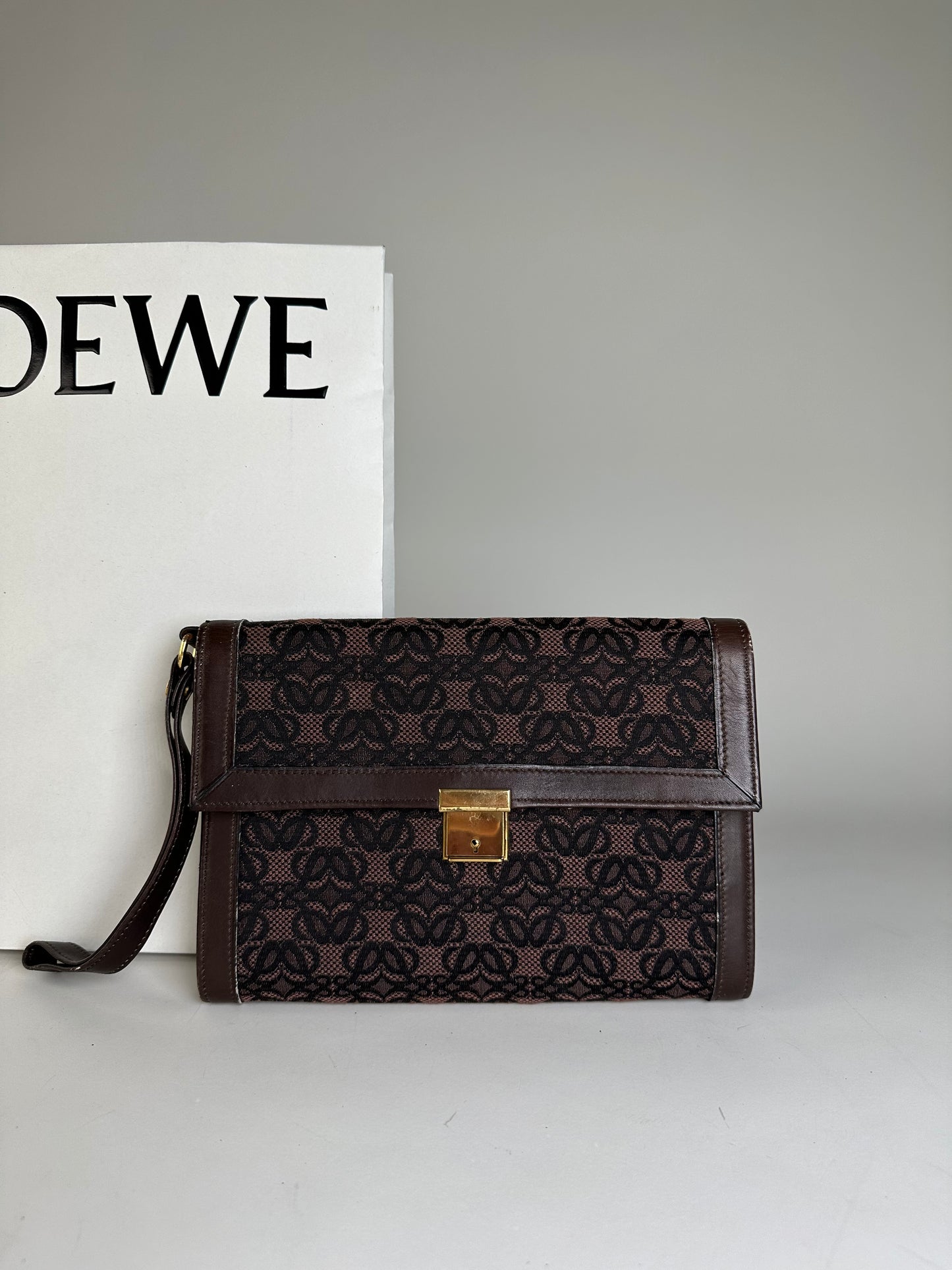 Vintage Loewe Jacquard Canvas Clutch Bag Brown Black