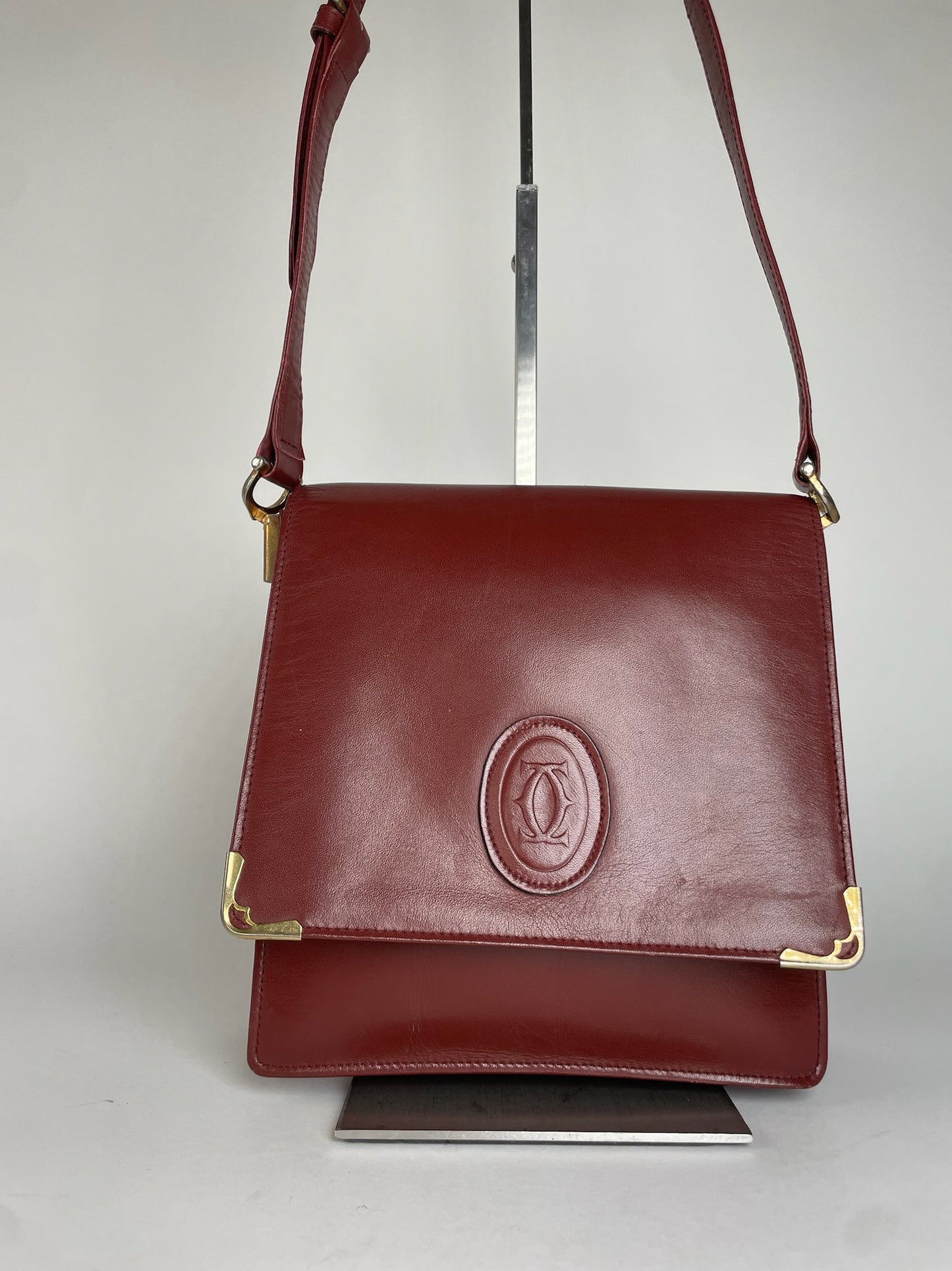 Vintage Cartier Leather Shoulder Bag Burgundy