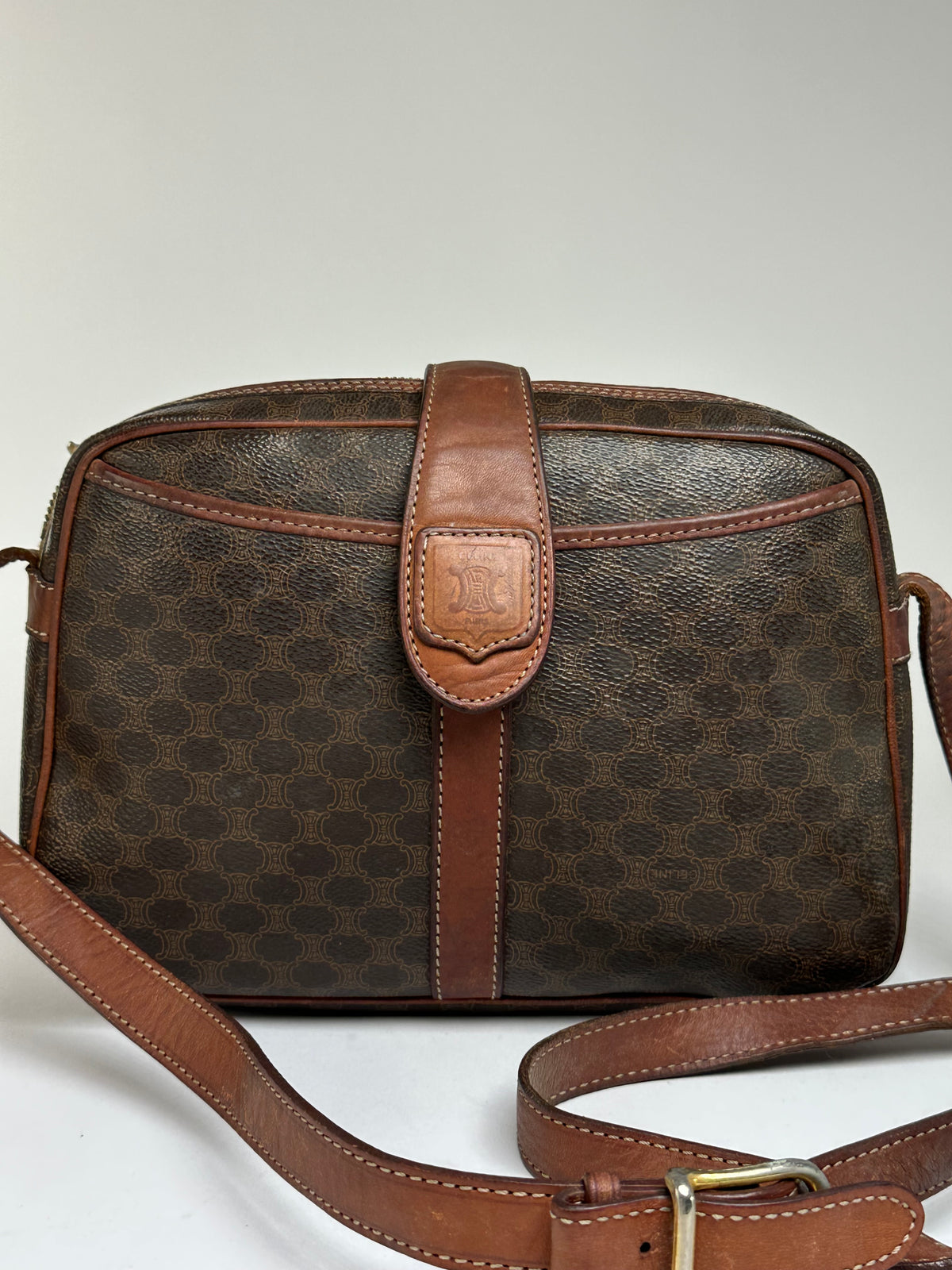 Vintage Celine Macadam Canvas Structured Crossbody Late 1980s Brown