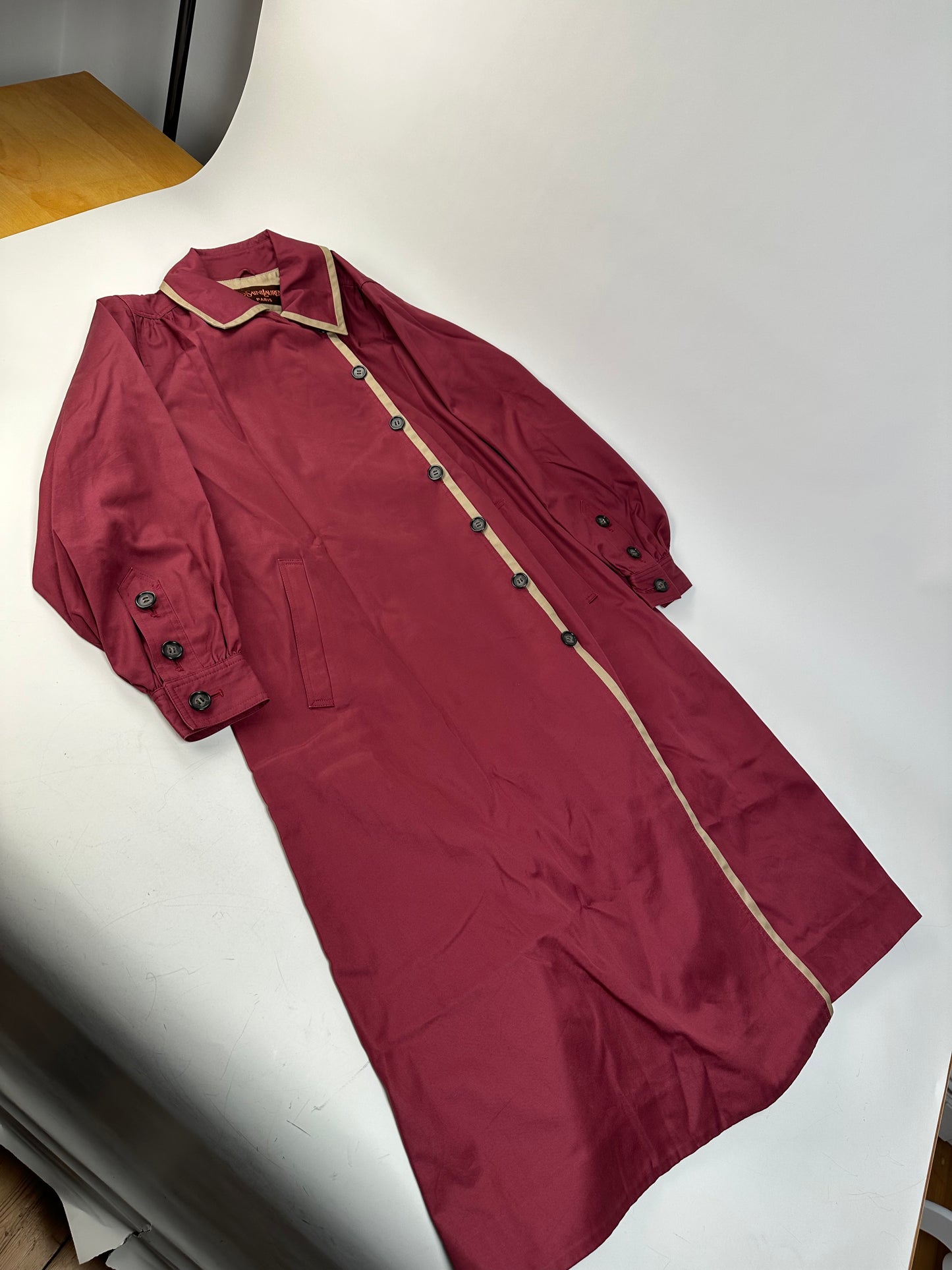 Vintage Saint Laurent Silk Blend Trench Coat Burgundy Beige M