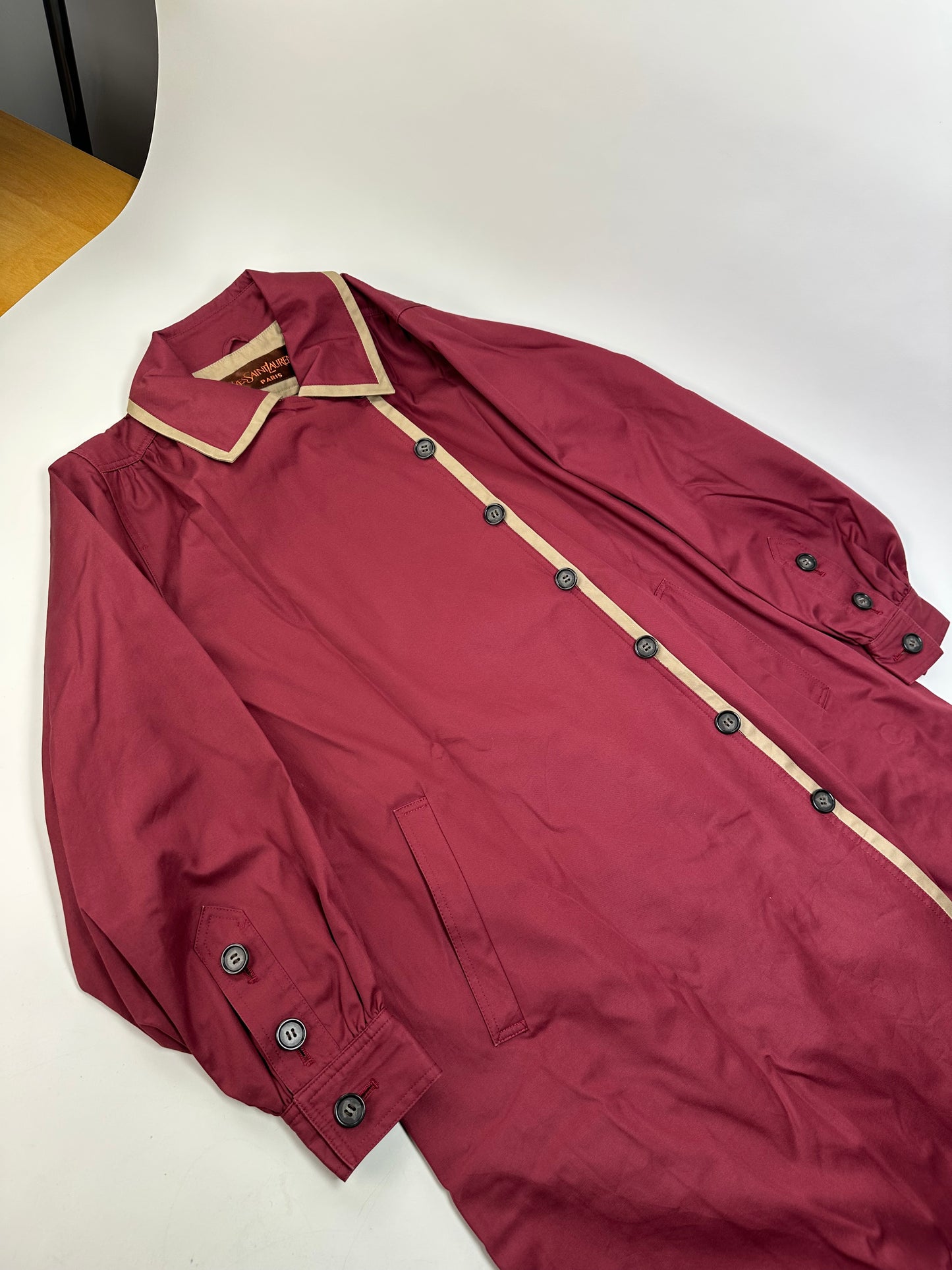 Vintage Saint Laurent Silk Blend Trench Coat Burgundy Beige M