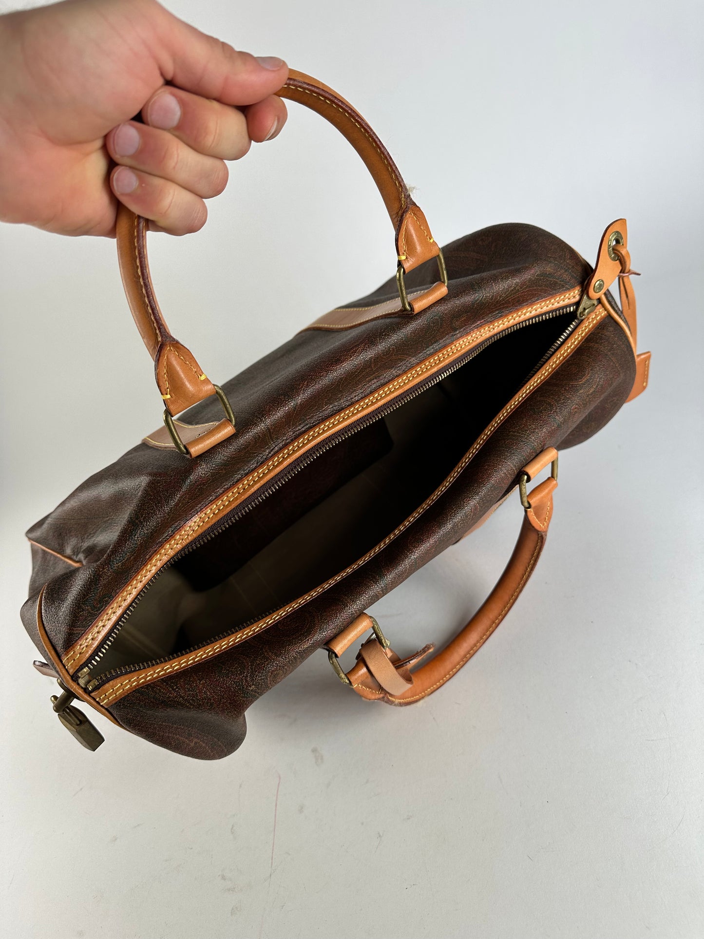 Vintage Etro Paisley Coated Canvas Leather Keepall Boston Travel Bag 40 Brown