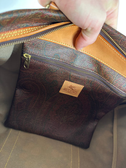 Vintage Etro Paisley Coated Canvas Leather Keepall Boston Travel Bag 40 Brown