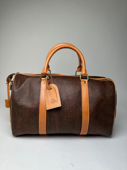 Vintage Etro Paisley Coated Canvas Leather Keepall Boston Travel Bag 40 Brown