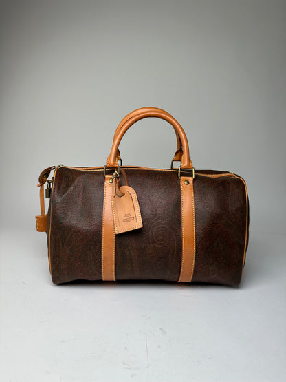 Vintage Etro Paisley Coated Canvas Leather Keepall Boston Travel Bag 40 Brown