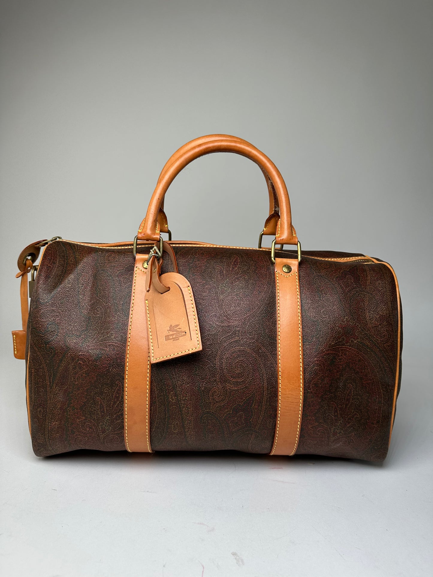Vintage Etro Paisley Coated Canvas Leather Keepall Boston Travel Bag 40 Brown