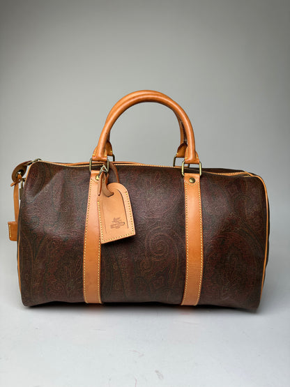 Vintage Etro Paisley Coated Canvas Leather Keepall Boston Travel Bag 40 Brown