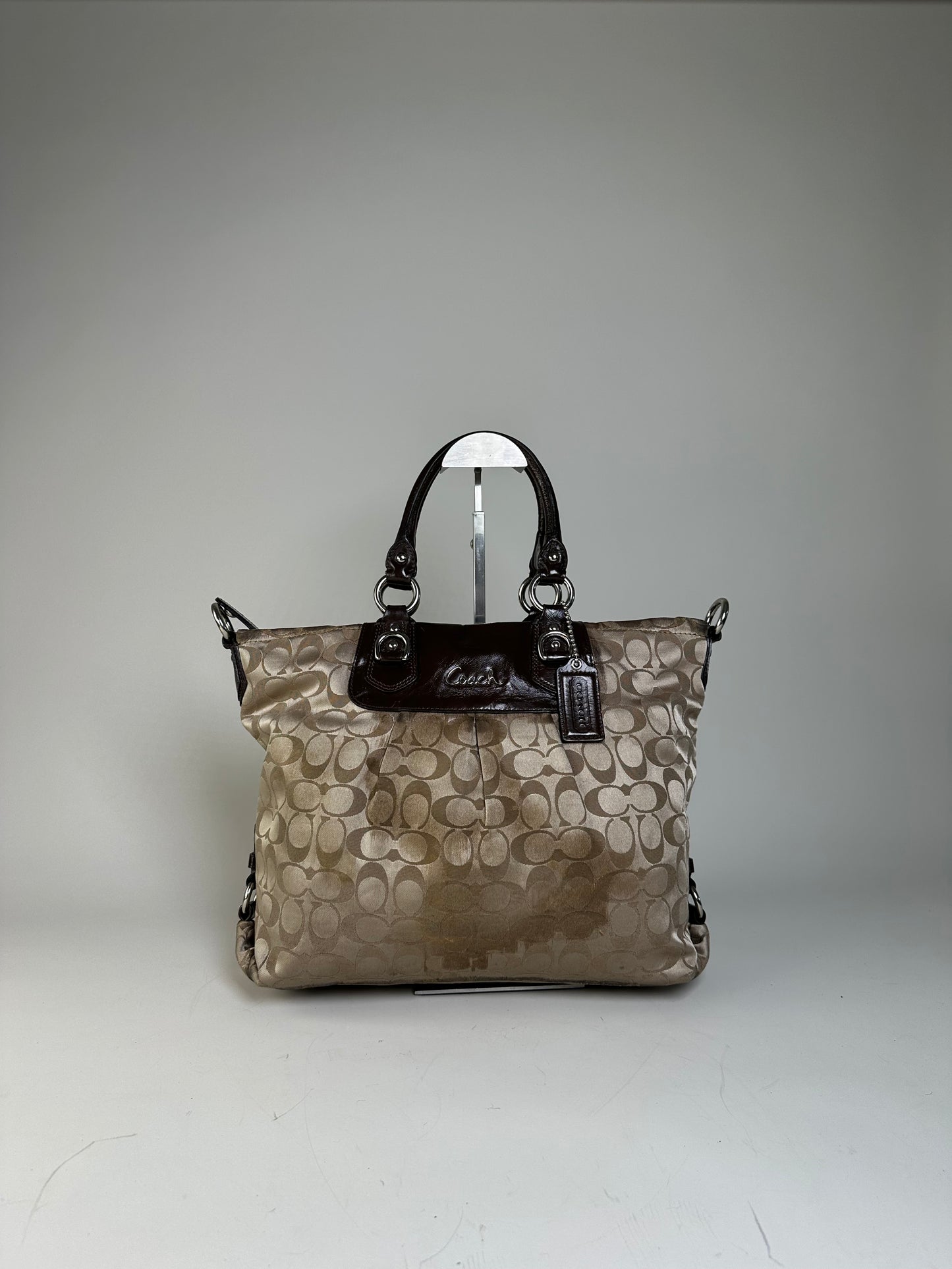 Vintage Coach Signature Canvas Tote Beige Brown Silver