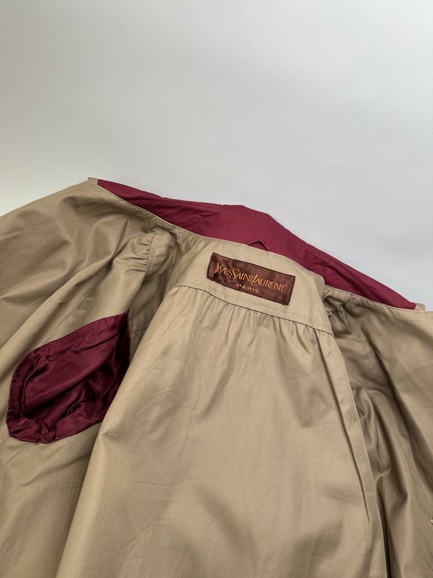 Vintage Saint Laurent Silk Blend Trench Coat Burgundy Beige M