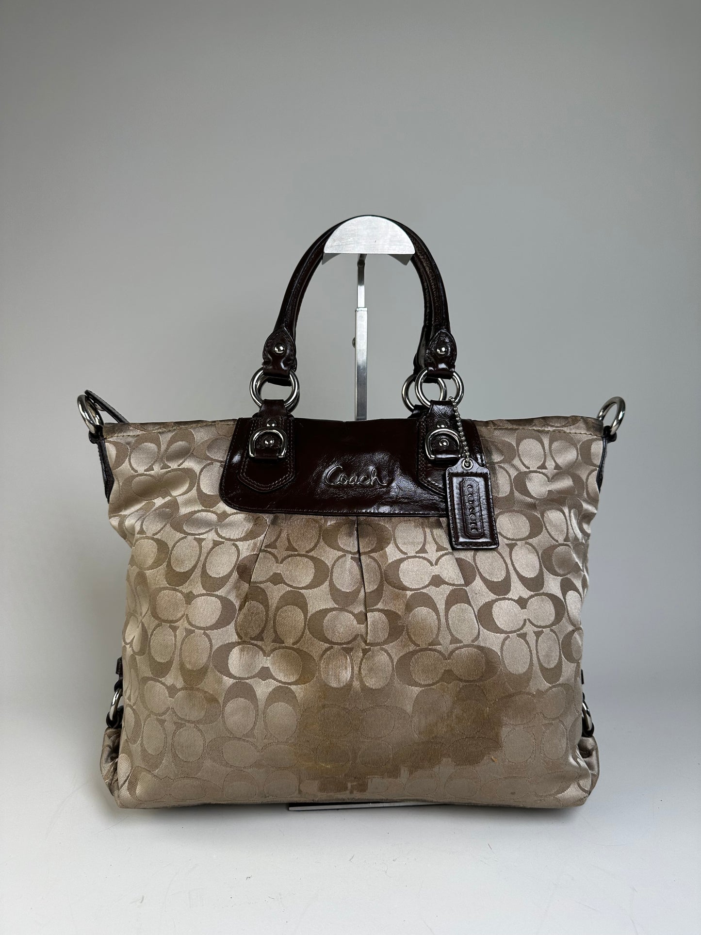 Vintage Coach Signature Canvas Tote Beige Brown Silver