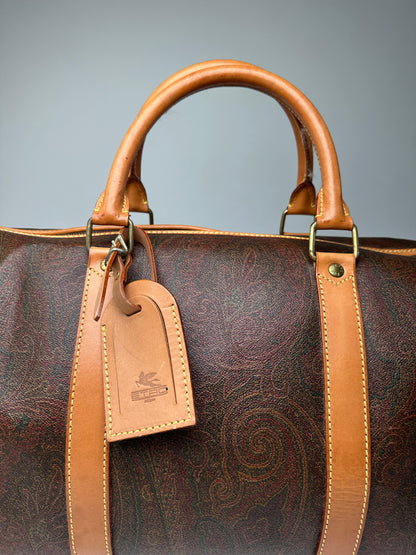 Vintage Etro Paisley Coated Canvas Leather Keepall Boston Travel Bag 40 Brown