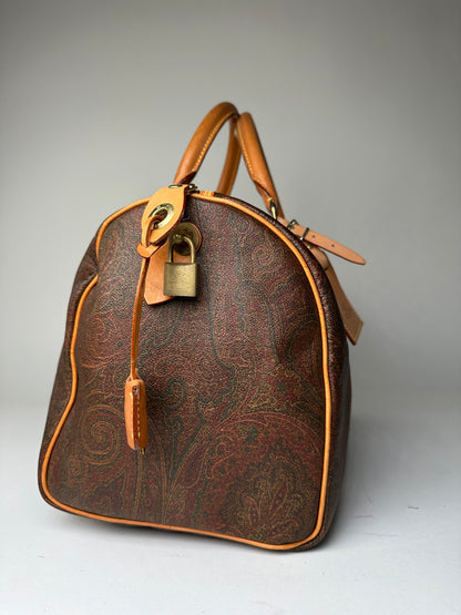 Vintage Etro Paisley Coated Canvas Leather Keepall Boston Travel Bag 40 Brown