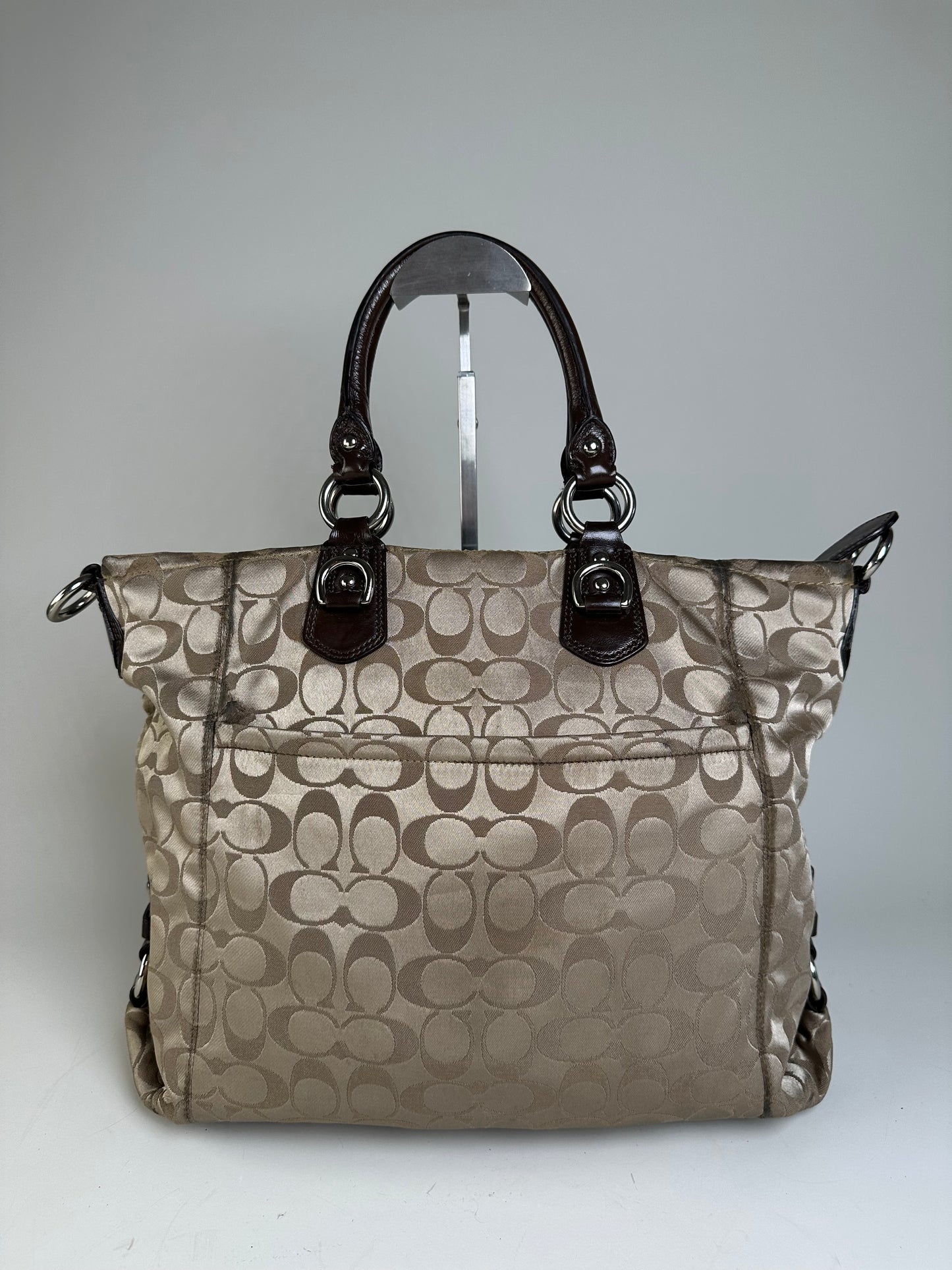Vintage Coach Signature Canvas Tote Beige Brown Silver