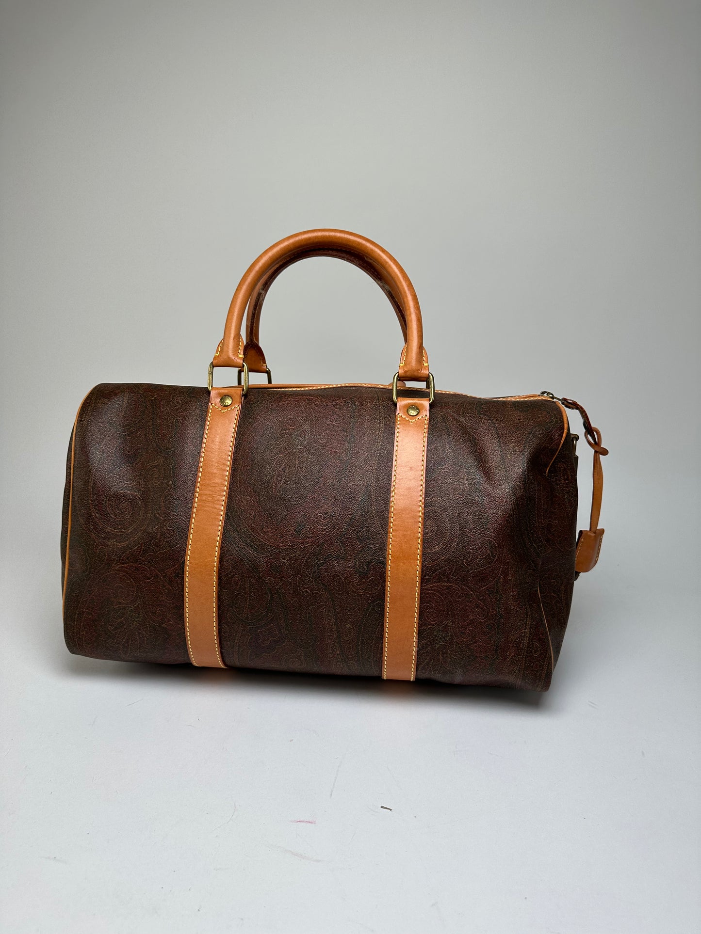Vintage Etro Paisley Coated Canvas Leather Keepall Boston Travel Bag 40 Brown