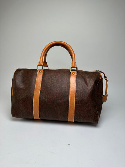 Vintage Etro Paisley Coated Canvas Leather Keepall Boston Travel Bag 40 Brown