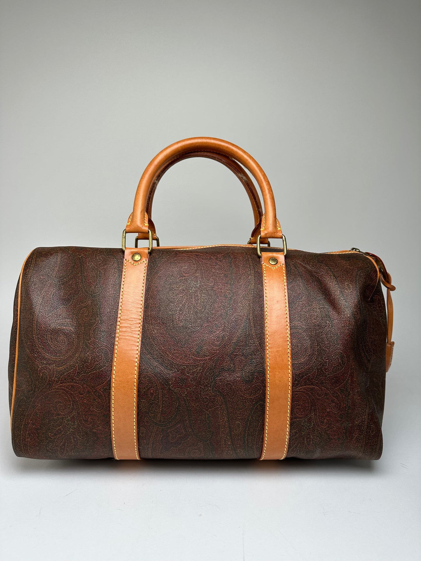 Vintage Etro Paisley Coated Canvas Leather Keepall Boston Travel Bag 40 Brown