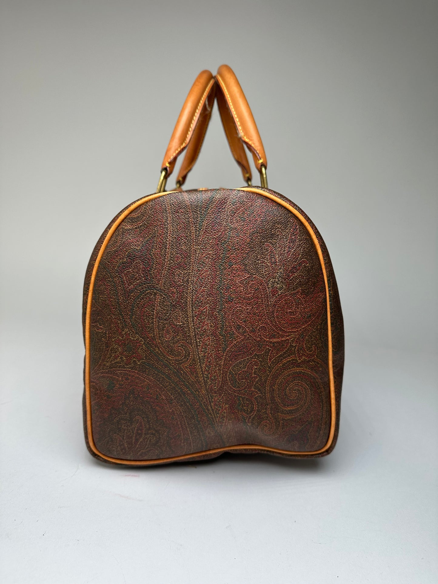 Vintage Etro Paisley Coated Canvas Leather Keepall Boston Travel Bag 40 Brown