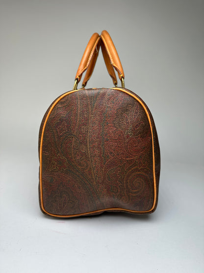 Vintage Etro Paisley Coated Canvas Leather Keepall Boston Travel Bag 40 Brown