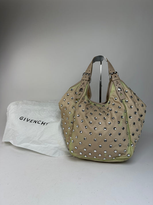 Vintage Givenchy Cristal Polyester Leather Handbag Beige Brown