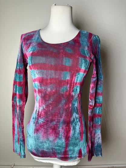 Vintage Issey Miyake Pleated Long Sleeve Top Fuchsia Turquoise Navy M