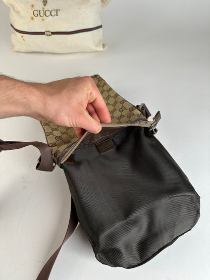 Vintage Gucci GG Monogram Canvas Leather Crossbody Messenger Bag Beige Brown
