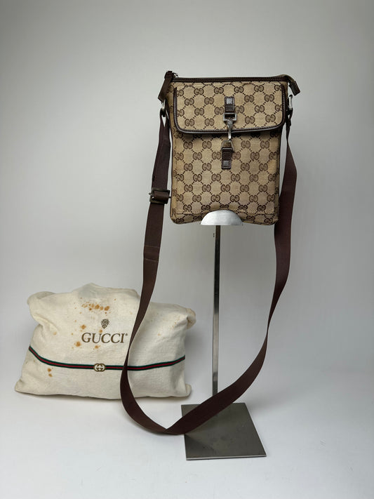 Vintage Gucci GG Monogram Canvas Leather Crossbody Messenger Bag Beige Brown