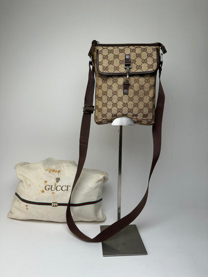 Vintage Gucci GG Monogram Canvas Leather Crossbody Messenger Bag Beige Brown