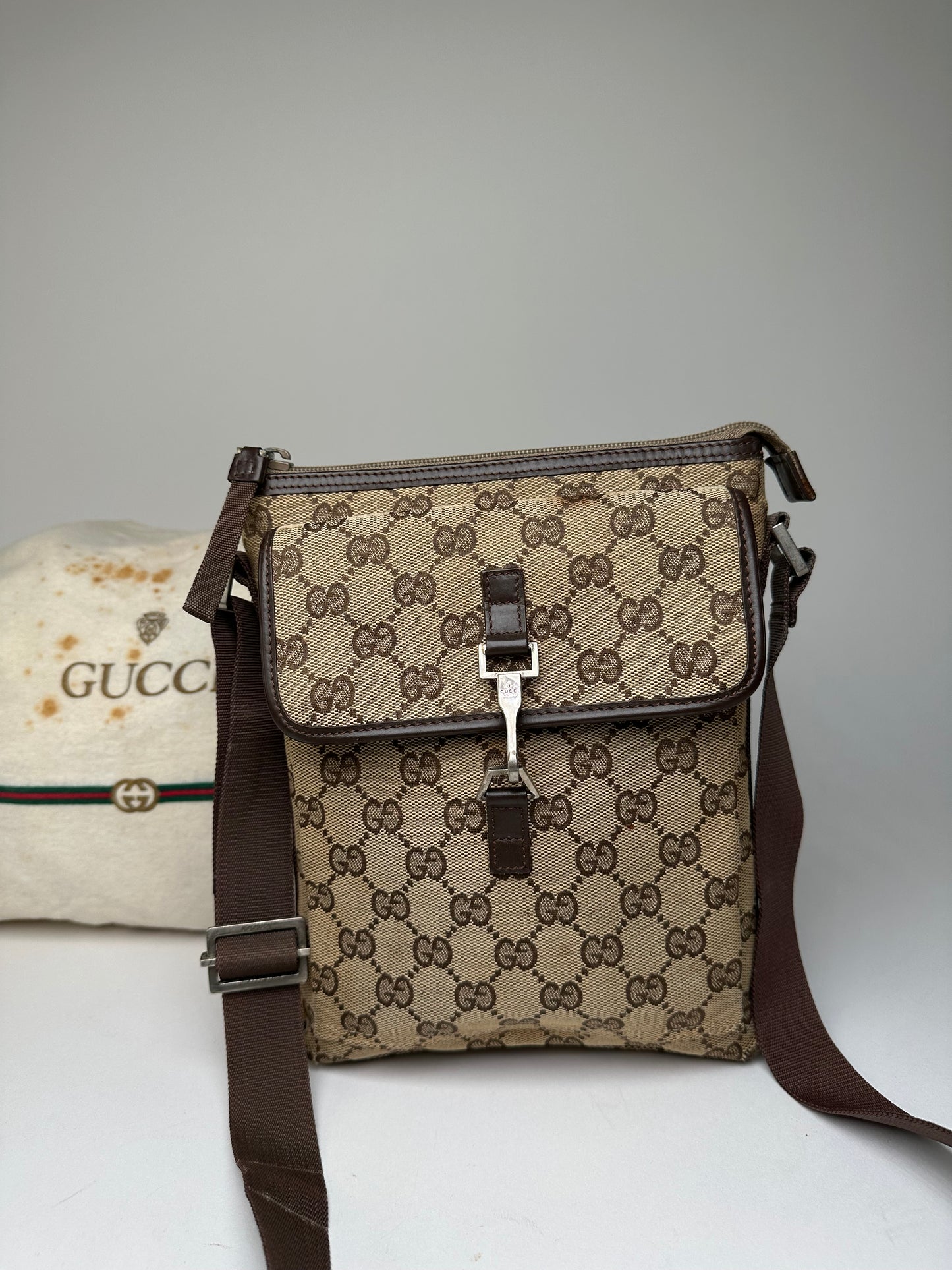 Vintage Gucci GG Monogram Canvas Leather Crossbody Messenger Bag Beige Brown