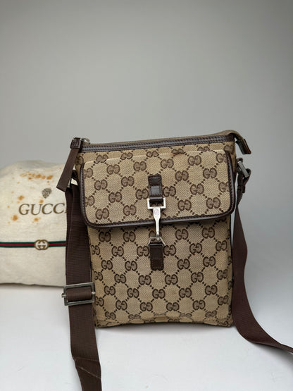Vintage Gucci GG Monogram Canvas Leather Crossbody Messenger Bag Beige Brown