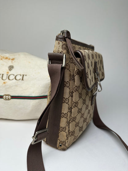 Vintage Gucci GG Monogram Canvas Leather Crossbody Messenger Bag Beige Brown