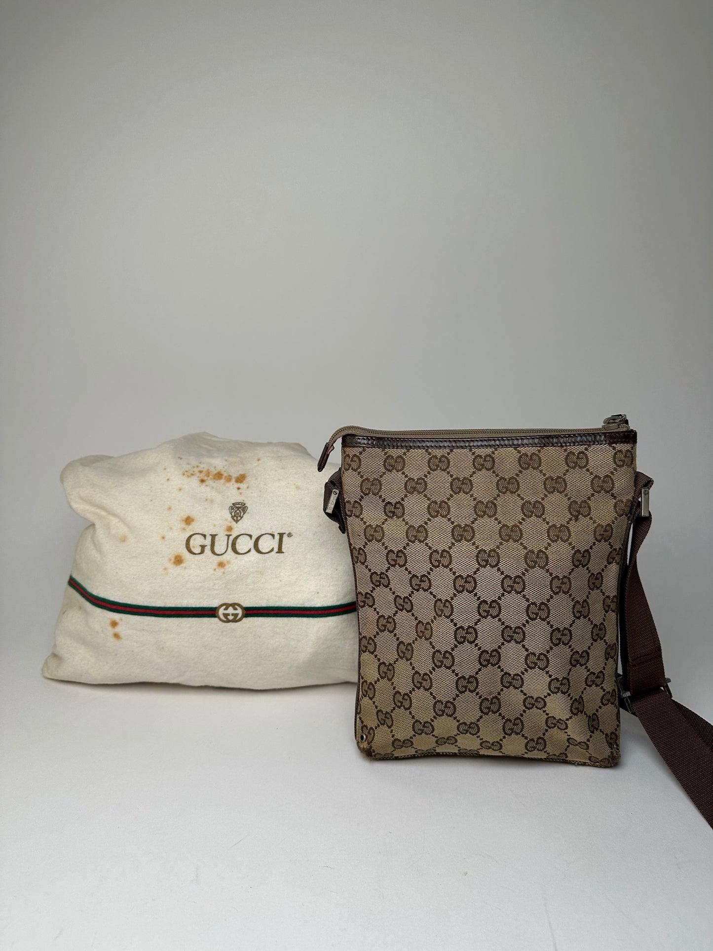 Vintage Gucci GG Monogram Canvas Leather Crossbody Messenger Bag Beige Brown