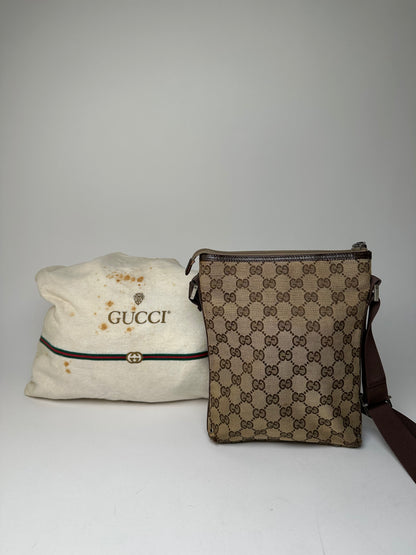 Vintage Gucci GG Monogram Canvas Leather Crossbody Messenger Bag Beige Brown