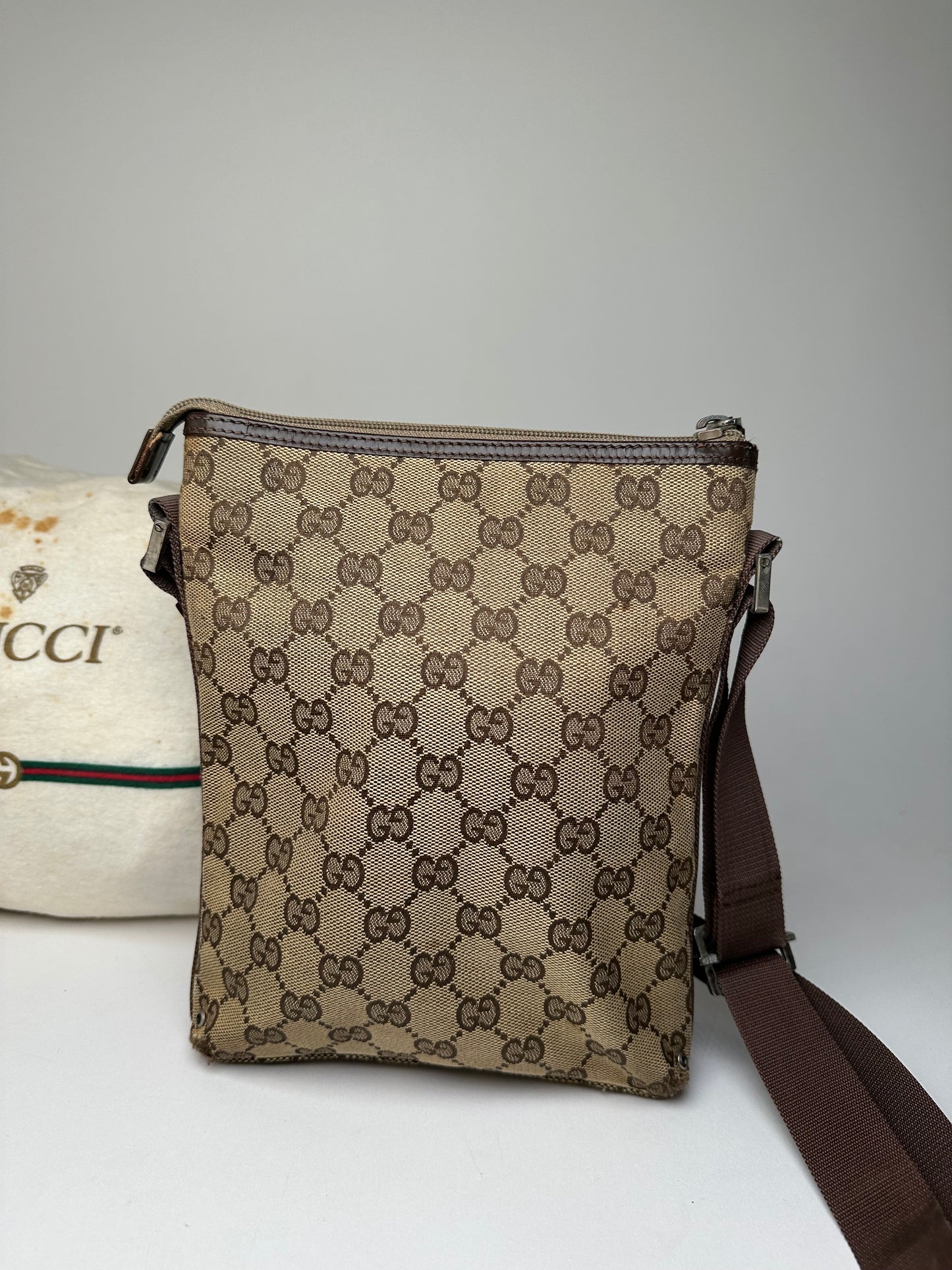 Vintage Gucci GG Monogram Canvas Leather Crossbody Messenger Bag Beige Brown