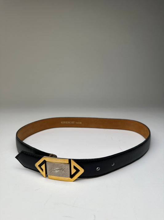 Vintage Givenchy Logo Leather Belt Black Gold