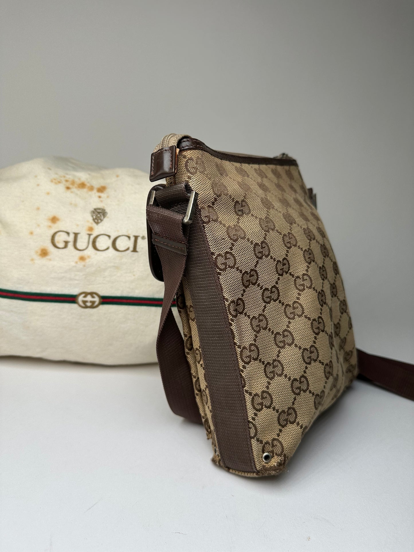 Vintage Gucci GG Monogram Canvas Leather Crossbody Messenger Bag Beige Brown